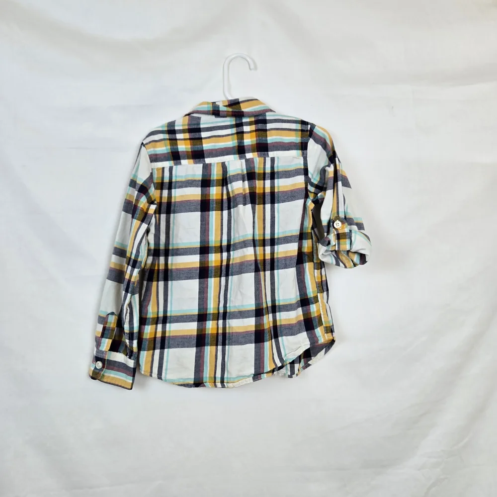 Baby Gap Boys White Gray Yellow Plaid Long Roll Tab Sleeve Preppy Button Shirt 5